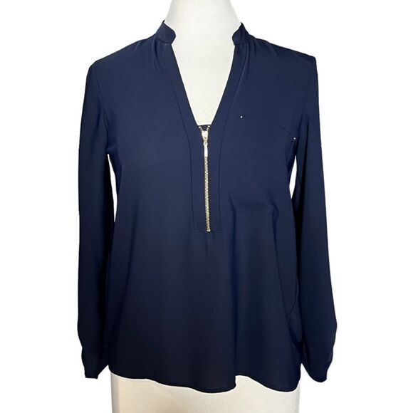 Zara basic Collection Roll Tab Sleeve 1/2 Zip Chiffon Georgette Pullover Blouse - Picture 2 of 8